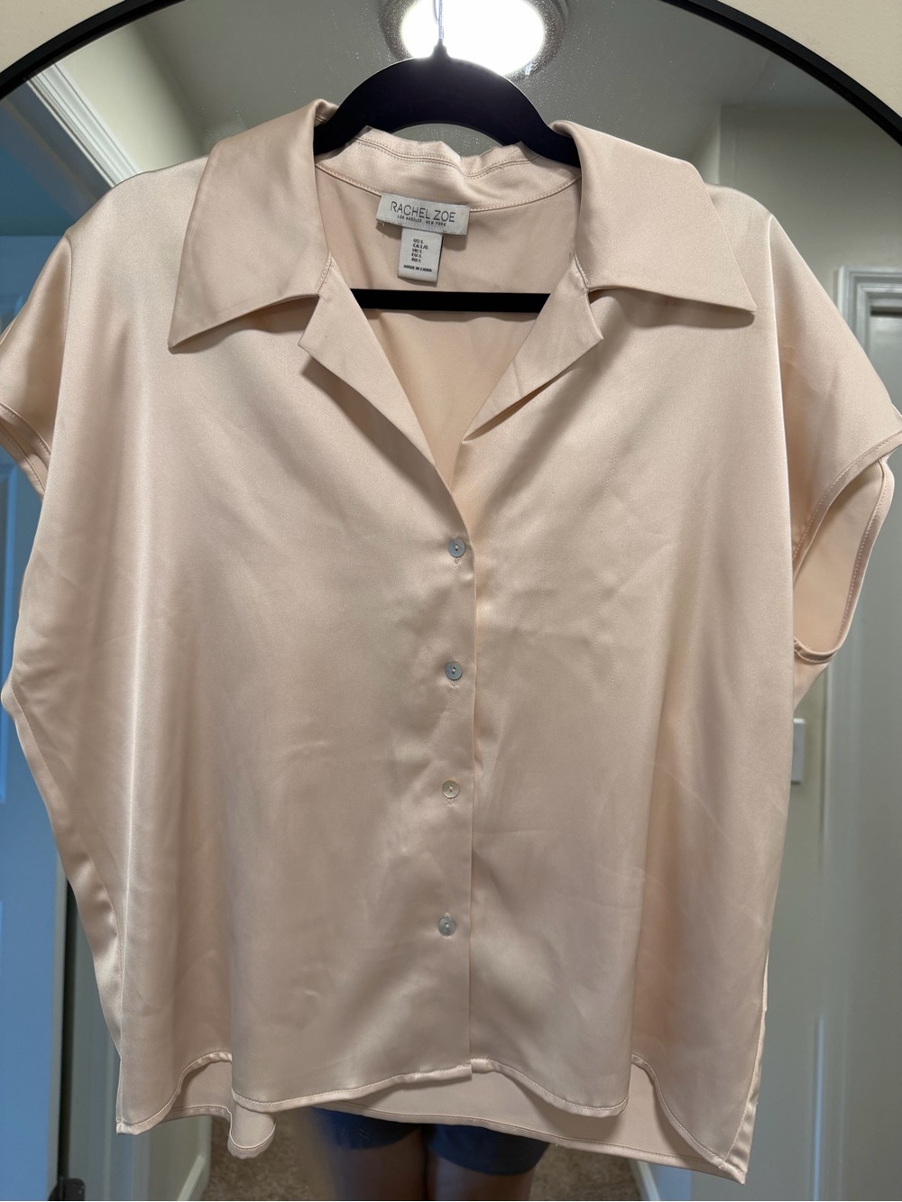 Rachel Zoe Champagne Satin Button Front Blouse Collared Short Sleeve